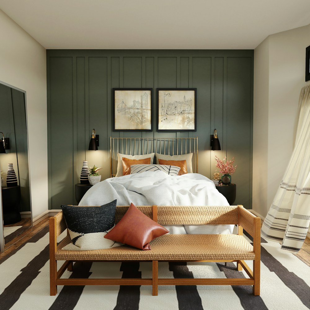 Bedroom with soft patterned wallcovering
